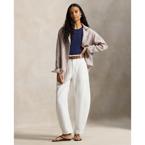 Polo Ralph Lauren - Cropped Boxed Fit Linen Striped Shirt - Berry Green Multi
