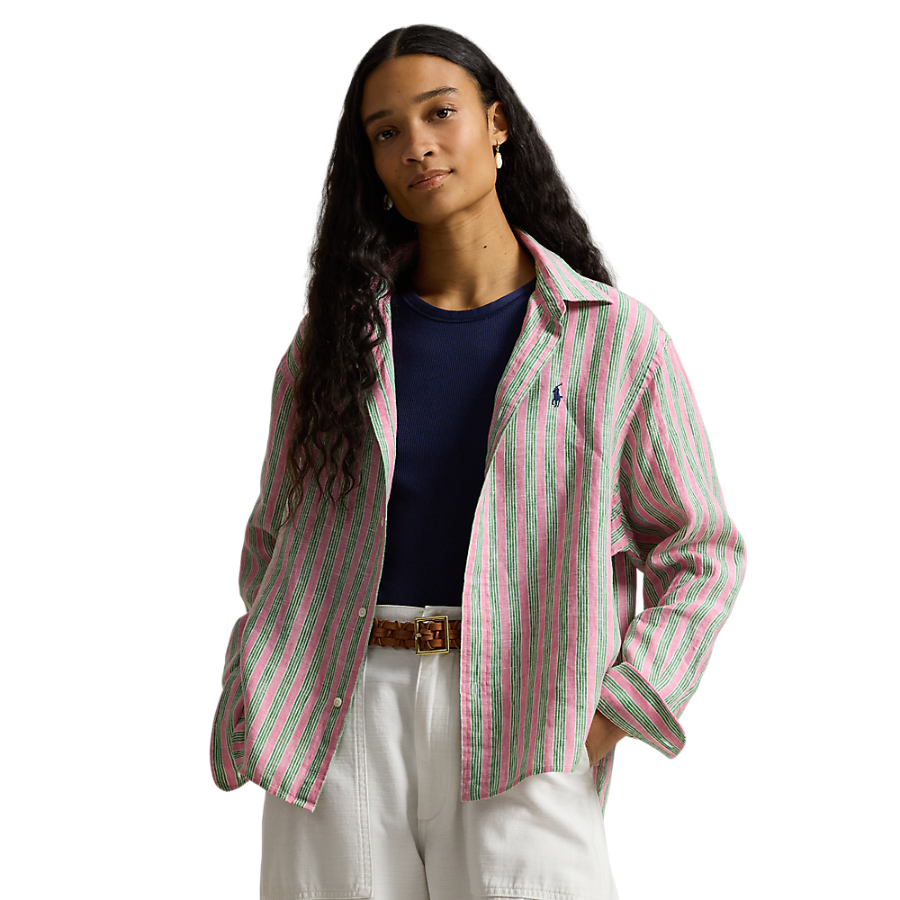 Polo Ralph Lauren - Cropped Boxed Fit Linen Striped Shirt - Berry Green Multi