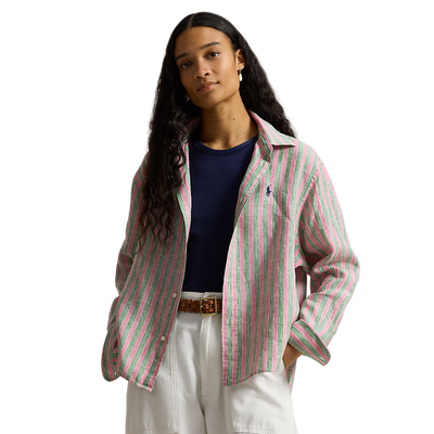 Polo Ralph Lauren - Cropped Boxed Fit Linen Striped Shirt - Berry Green Multi