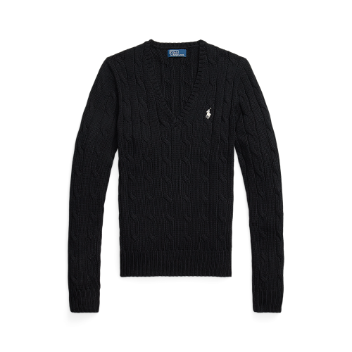 Polo Ralph Lauren -  Cable Knit Cotton V Neck Sweater - Black