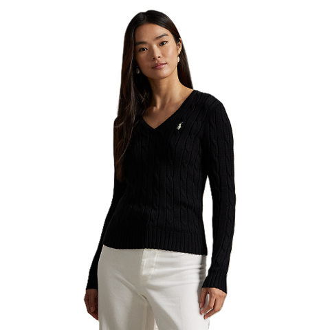 Polo Ralph Lauren -  Cable Knit Cotton V Neck Sweater - Black