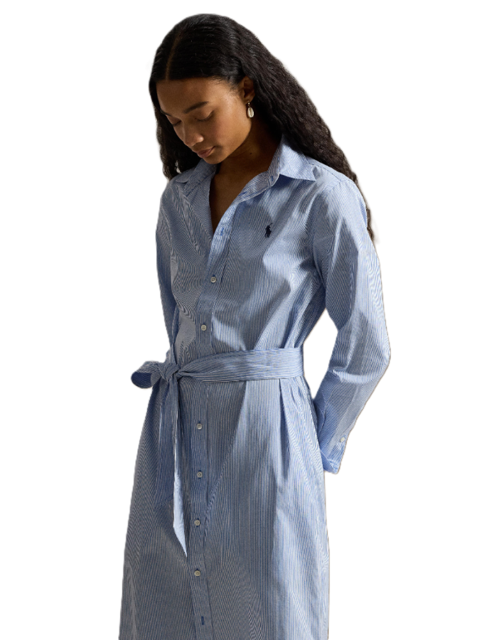 Polo Ralph Laruen - Belted Striped Cotton Shirtdress - Medium Blue & White