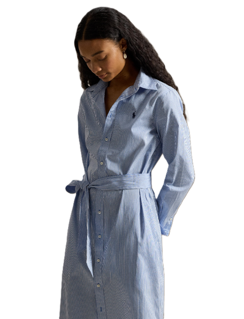 Polo Ralph Laruen - Belted Striped Cotton Shirtdress - Medium Blue & White