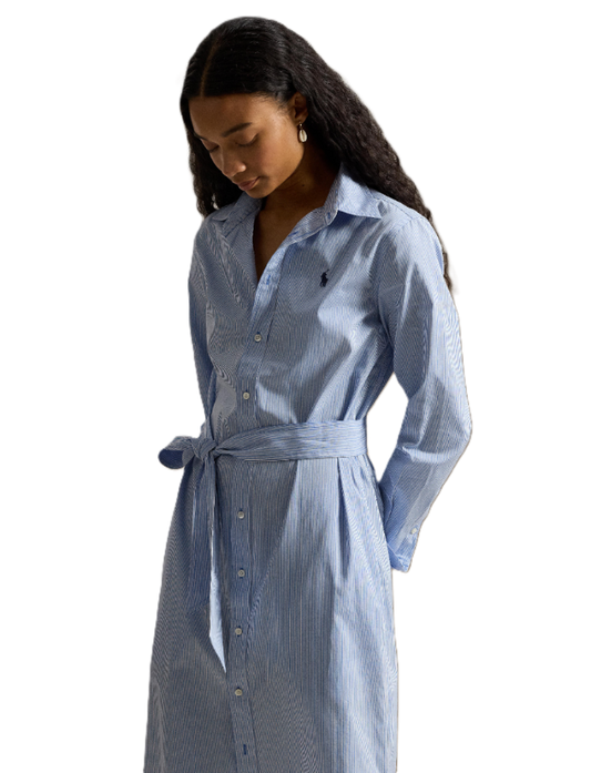 Polo Ralph Laruen - Belted Striped Cotton Shirtdress - Medium Blue & White