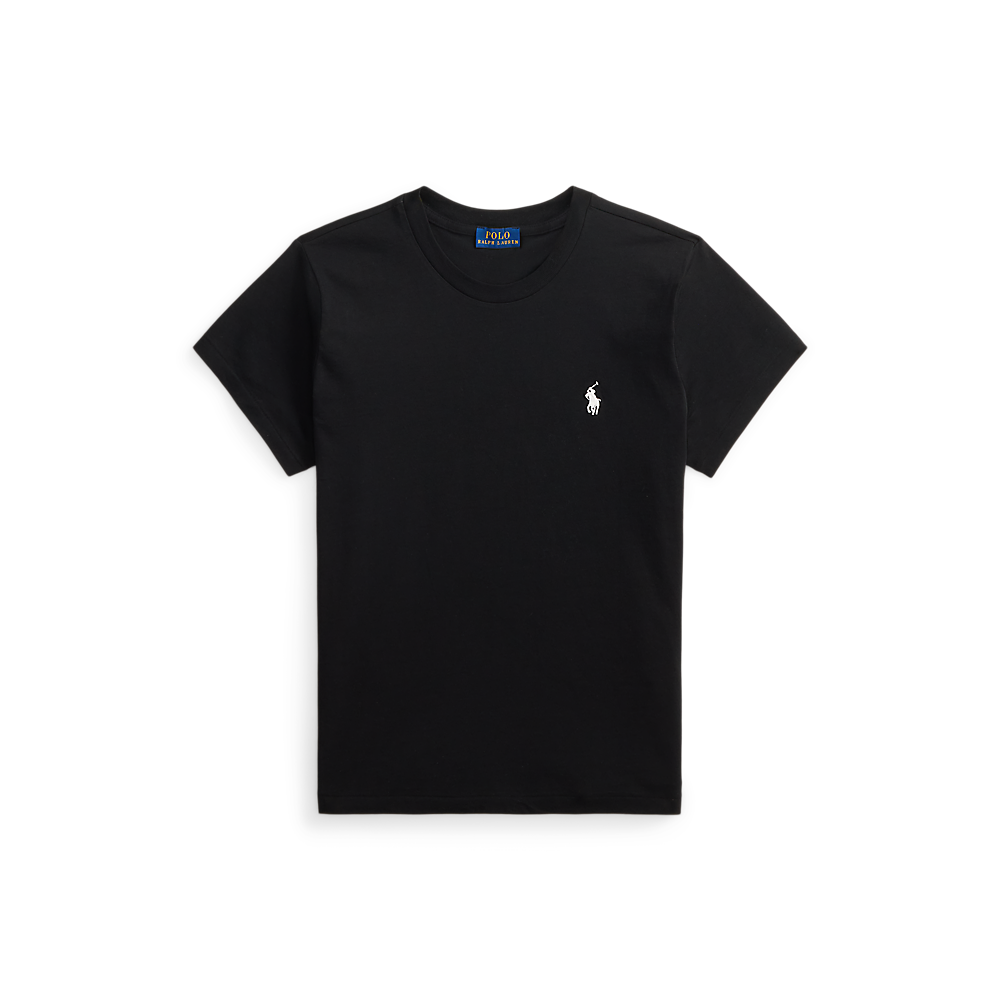 A black short-sleeve crewneck t-shirt with a small white embroidered Polo Ralph Lauren pony logo on the left chest, displayed flat against a white background.