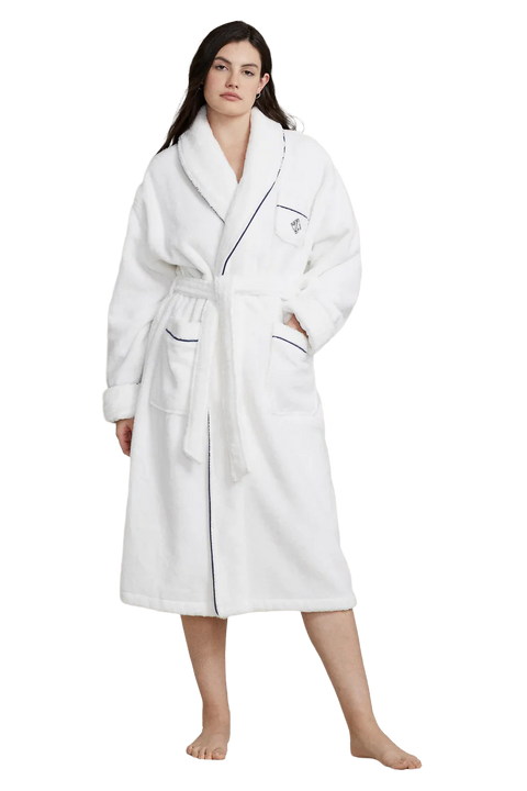 POL4P0005-Polo Ralph Lauren - Monogrammed Cotton Terry Robe - White/Navy