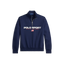 A navy blue Polo Sport quarter-zip sweatshirt with a white and red chest logo and a small American flag graphic, displayed on a clean white background.