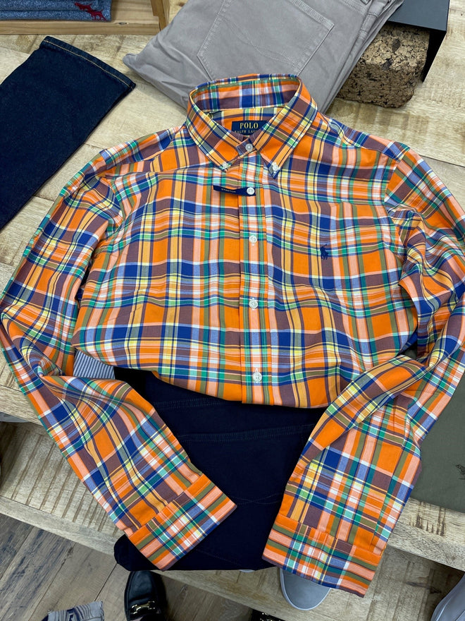 Poplin Stretch Custom Fit Shirt - Check - Orange/Navy Multi