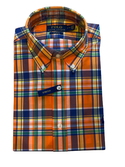 Poplin Stretch Custom Fit Shirt - Check - Orange/Navy Multi