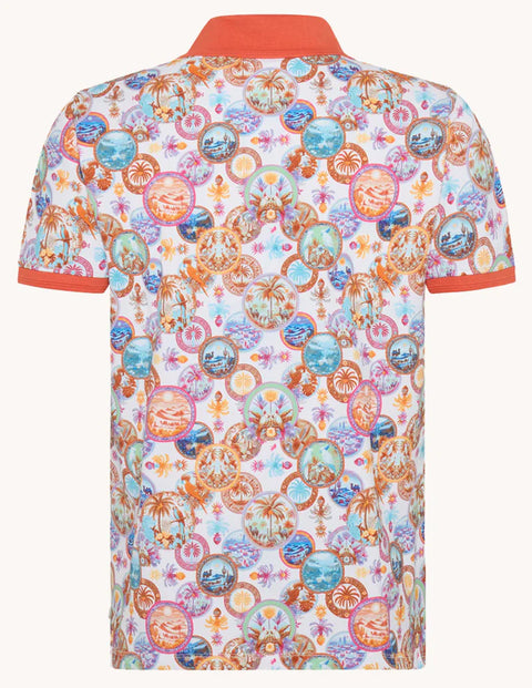 A Fish Named Fred - Desert World Polo - Orange featuring a vibrant desert landscape print and contrast collar.