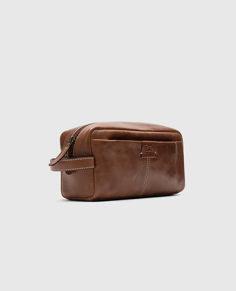 Rodd & Gunn - Princeton Washbag - Cognac side view showcasing high-quality leather craftsmanship.