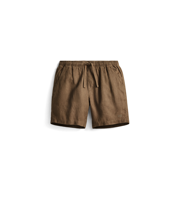 A pair of brown drawstring shorts with a relaxed fit, laid flat against a solid white background.