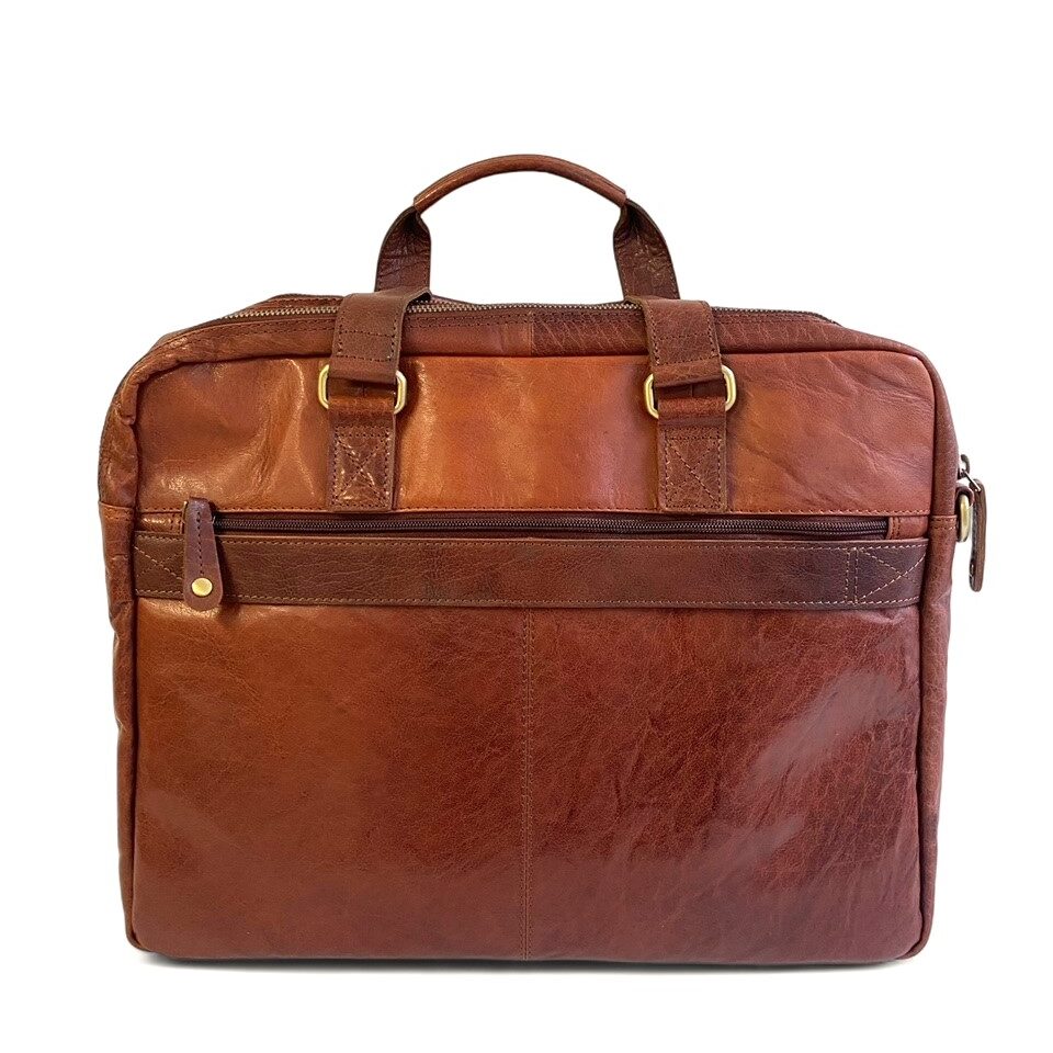 Oran Leather - Liam Bag - Brown | Brandy, men's briefcase with multiple compartments and padded laptop section.