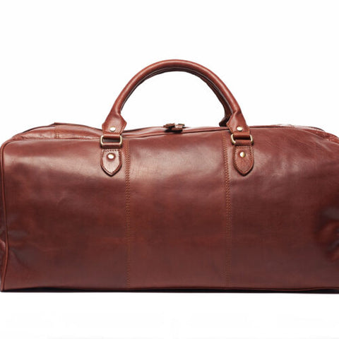 Oran Leather - London Overnight Bag - Brandy in rich brown leather with sturdy handles.