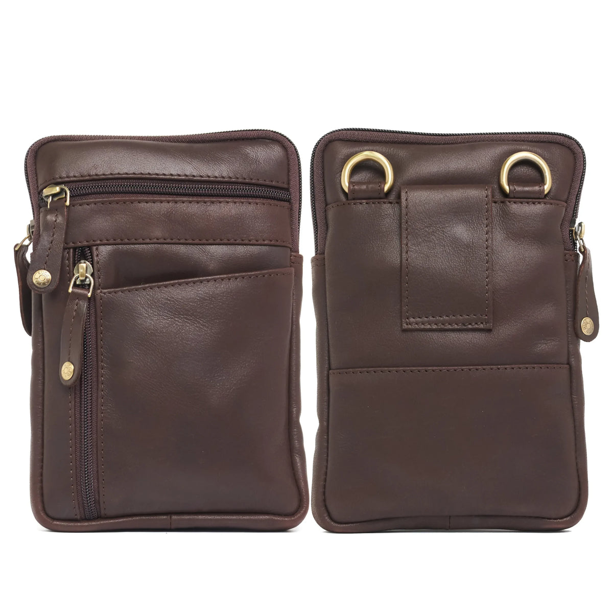 Oran Leather - Felix Crossbody Bag - Brown showcasing front and back view with multiple compartments and durable design.