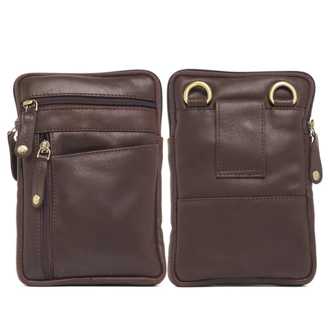 Oran Leather - Felix Crossbody Bag - Brown showcasing front and back view with multiple compartments and durable design.
