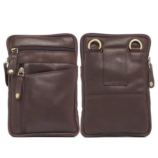 Oran Leather - Felix Crossbody Bag - Brown showcasing front and back view with multiple compartments and durable design.