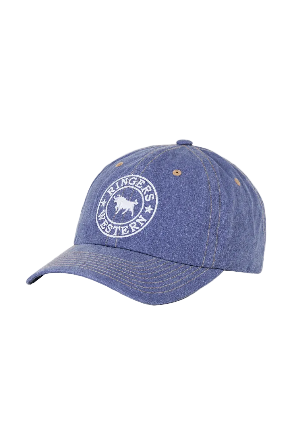 A blue denim baseball cap featuring a white circular embroidered logo on the front that reads 'Rangers Western' with a horse silhouette, set against a plain light gray background.
