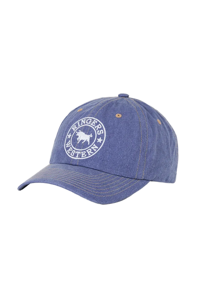 A blue denim baseball cap featuring a white circular embroidered logo on the front that reads 'Rangers Western' with a horse silhouette, set against a plain light gray background.