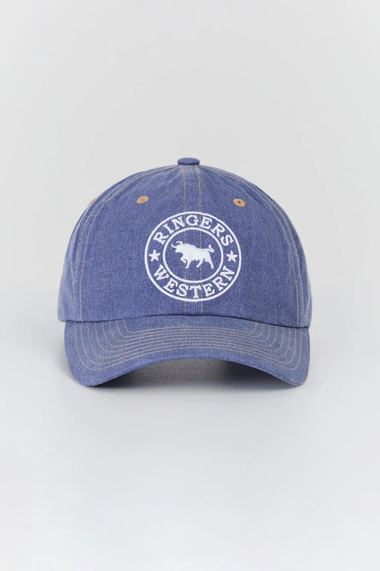 A blue denim baseball cap featuring a white embroidered circular logo on the front that reads 'Rangers Western' with a horse silhouette in the center, set against a plain light gray background.