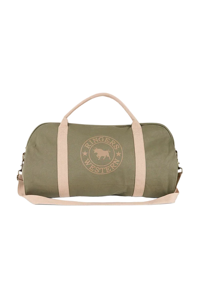 An olive green duffel bag with light pink handles and strap, featuring a circular 'Rangers Western' logo on the front, set against a plain off-white background.