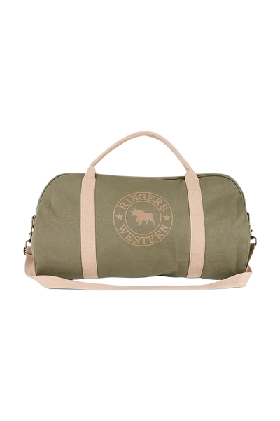 An olive green duffel bag with light pink handles and strap, featuring a circular 'Rangers Western' logo on the front, set against a plain off-white background.