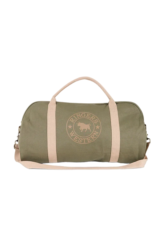 An olive green duffel bag with light pink handles and strap, featuring a circular 'Rangers Western' logo on the front, set against a plain off-white background.