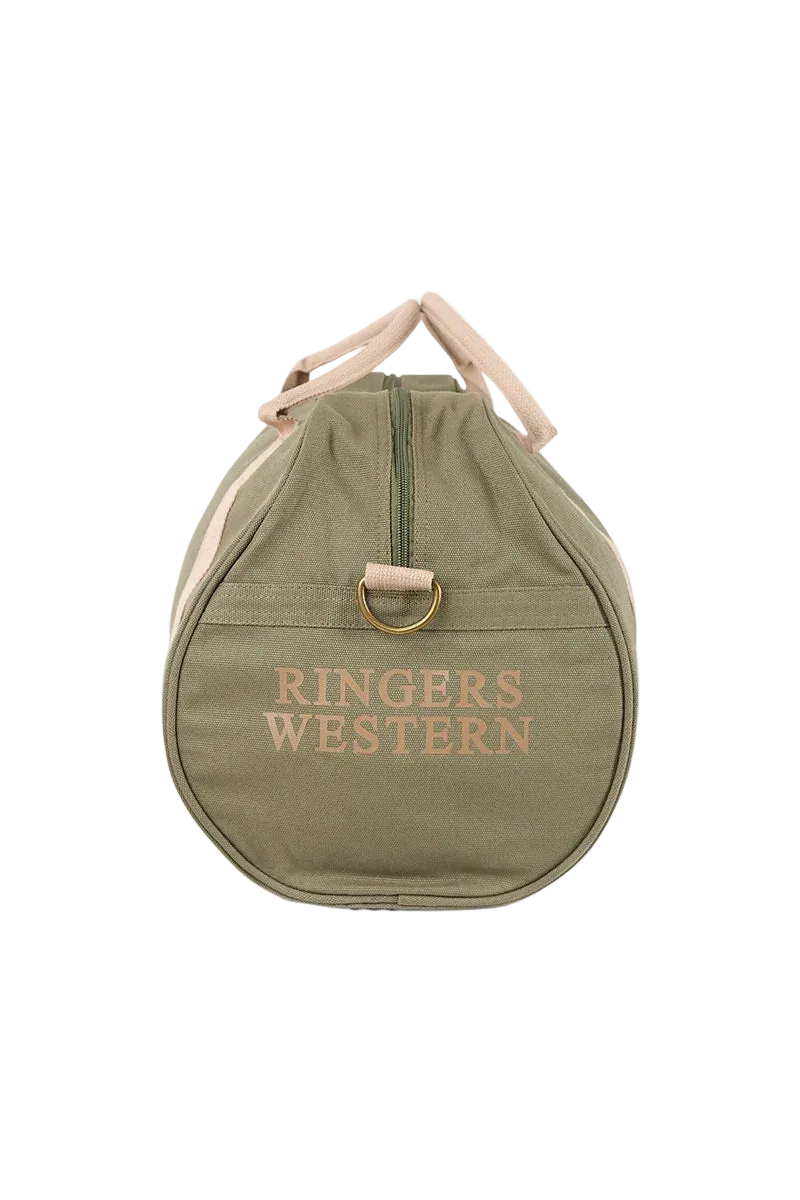 An olive green canvas duffel bag with light beige handles and trim, featuring a gold-tone metal D-ring and the text 'RINGERS WESTERN' printed in beige on the front.