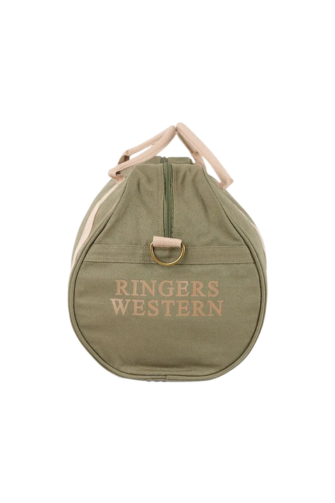 An olive green canvas duffel bag with light beige handles and trim, featuring a gold-tone metal D-ring and the text 'RINGERS WESTERN' printed in beige on the front.