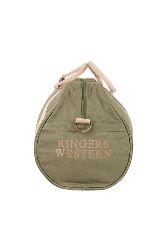 An olive green canvas duffel bag with light beige handles and trim, featuring a gold-tone metal D-ring and the text 'RINGERS WESTERN' printed in beige on the front.