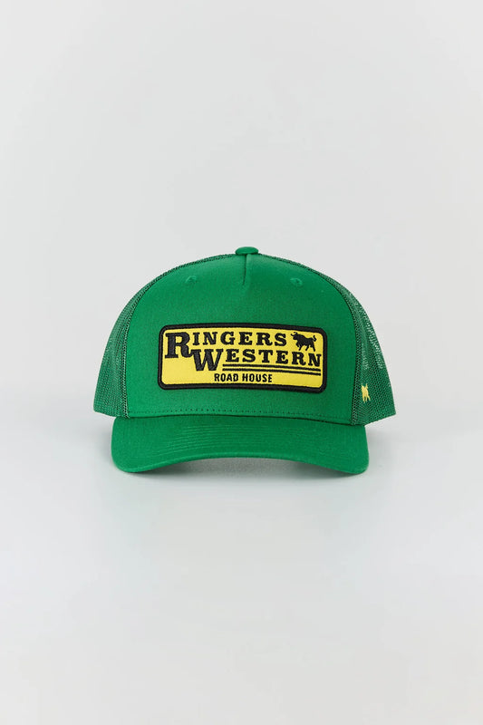A green trucker-style cap with a yellow and black 'Ringers Western Road House' patch on the front, set against a plain light gray background.