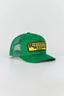 A green trucker hat with a yellow and black 'Ringers Western Road House' patch on the front, set against a plain light gray background.