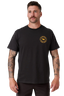A man wearing a black crewneck t-shirt with a yellow circular 'Bison Sports' logo on the left chest, set against a plain light gray background.