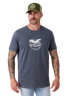 A man wearing a dark slate blue t-shirt with a white graphic print of an eagle and the words 'Ranger Wear Country Club'. He is also wearing an olive green trucker hat and light wash jeans, standing against a light gray studio background.