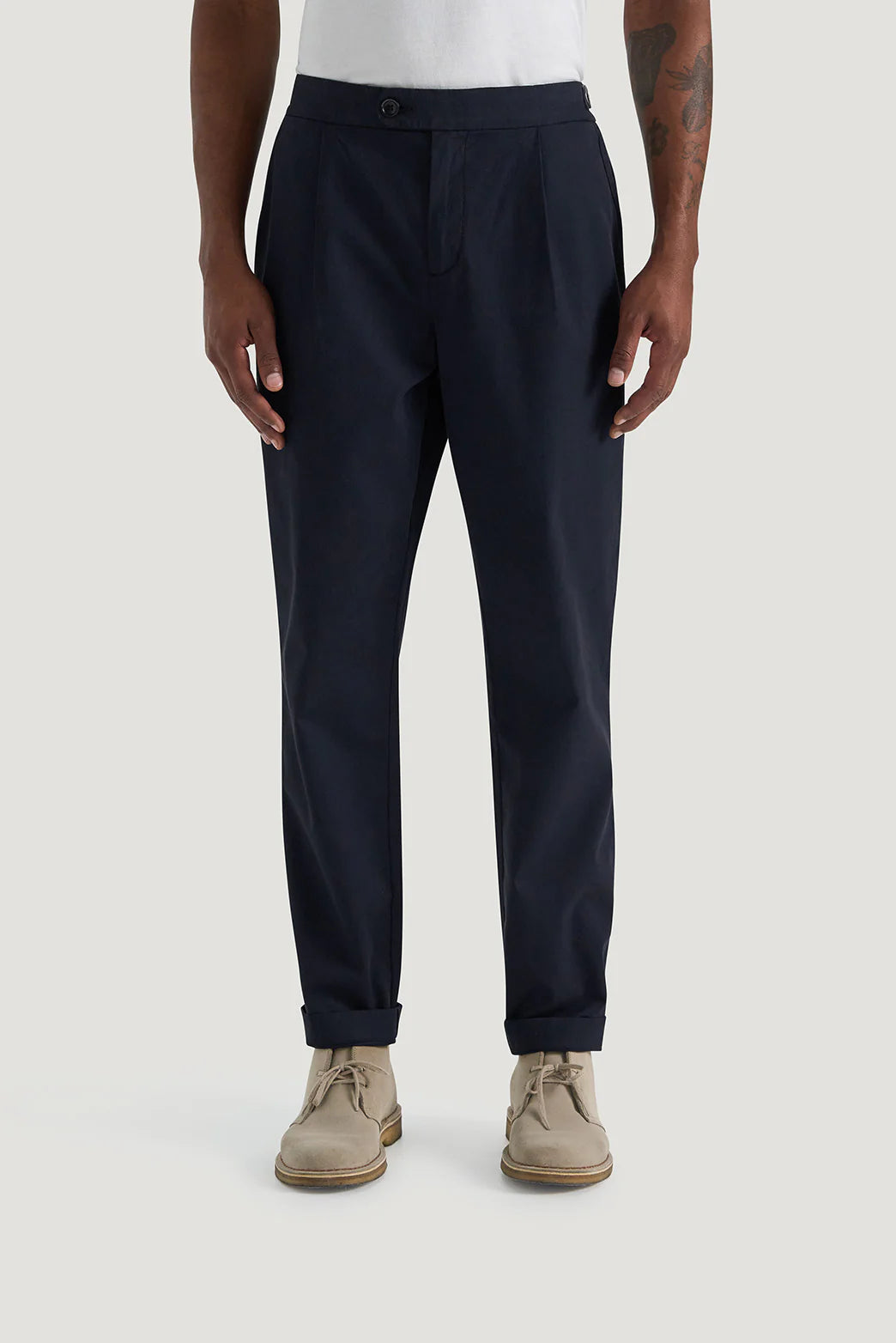 M.J. Bale - Rhode Trouser - Navy displayed on a model, featuring a tailored regular fit and clean-finished hem.