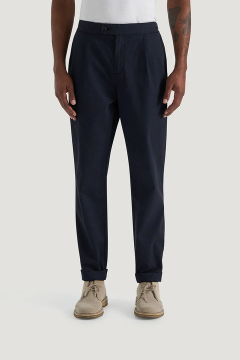 M.J. Bale - Rhode Trouser - Navy displayed on a model, featuring a tailored regular fit and clean-finished hem.