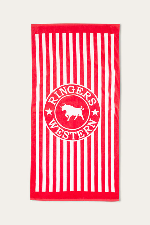 Ringers Western - Striped Towel - Red & White featuring red and white stripes with a branded logo.