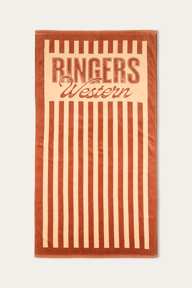 Ringers Western Striped Towel - Tan featuring a classic striped design in soft cotton for beach or poolside adventures.