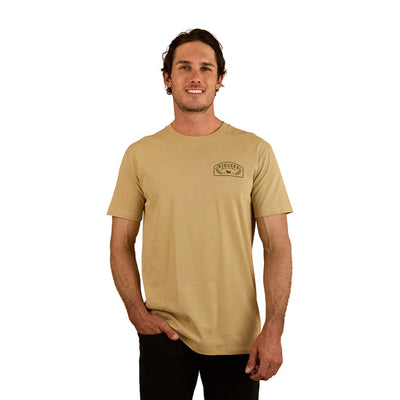 Ringers Western - Wheatbelt Stock Fit T-Shirt- Olive, model wearing soft cotton t-shirt with chest print and relaxed fit.