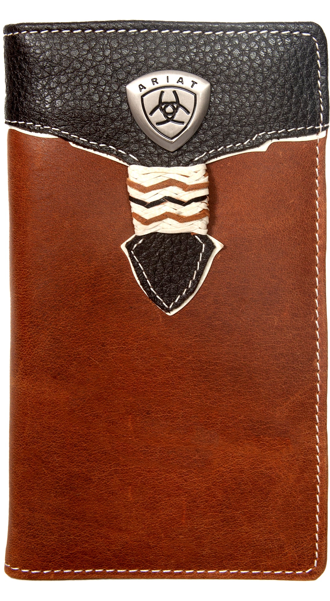Ariat - Rodeo Wallet - Overlay - Tan & Brown featuring extra stitching and metal adornment on the front.
