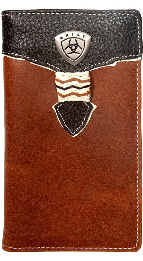 Ariat - Rodeo Wallet - Overlay - Tan & Brown featuring extra stitching and metal adornment on the front.