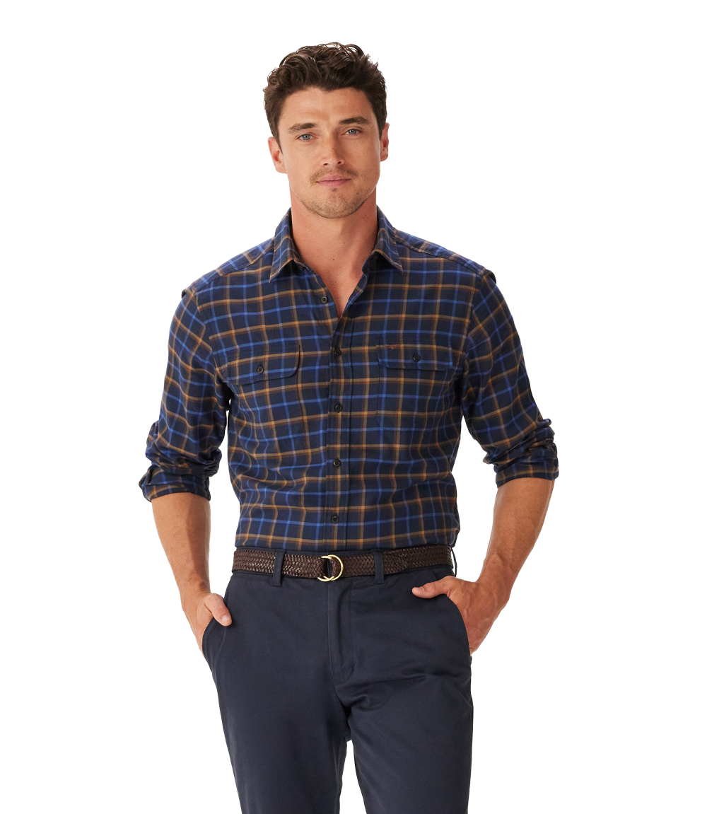 R.M.Williams - Regular Twill Check Shirt - Navy/Brown 