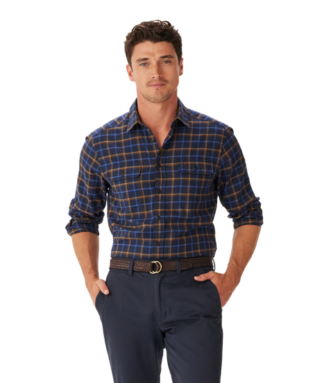 R.M.Williams - Regular Twill Check Shirt - Navy/Brown 