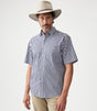 R.M.Williams - Hervey Shirt - Short Sleeve - Check - Navy & White worn by a model with a hat