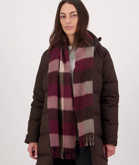 Swanndri - Unisex Wool Scarfie - Florence Check (Burgundy/Tan)