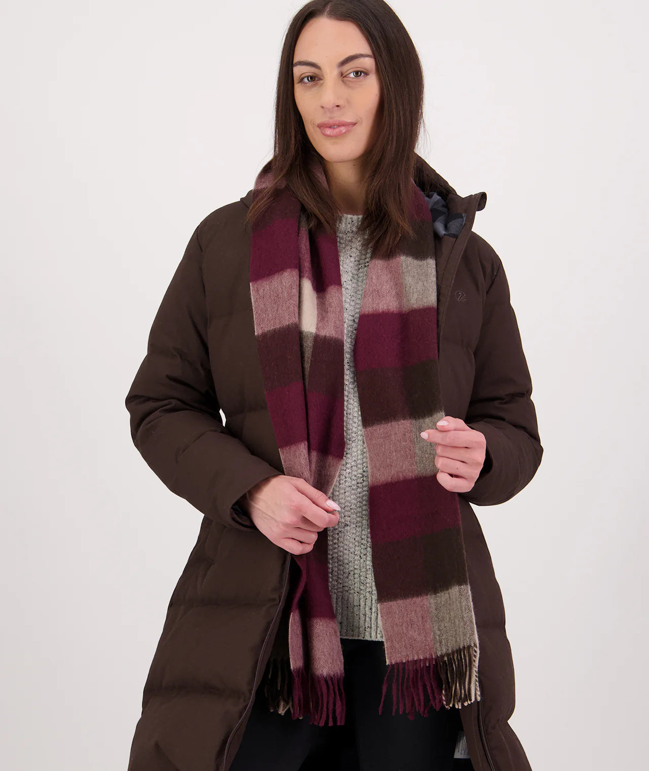 Swanndri - Unisex Wool Scarfie - Florence Check (Burgundy/Tan)