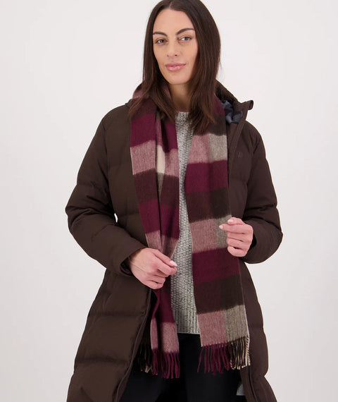 Swanndri - Unisex Wool Scarfie - Florence Check (Burgundy/Tan)