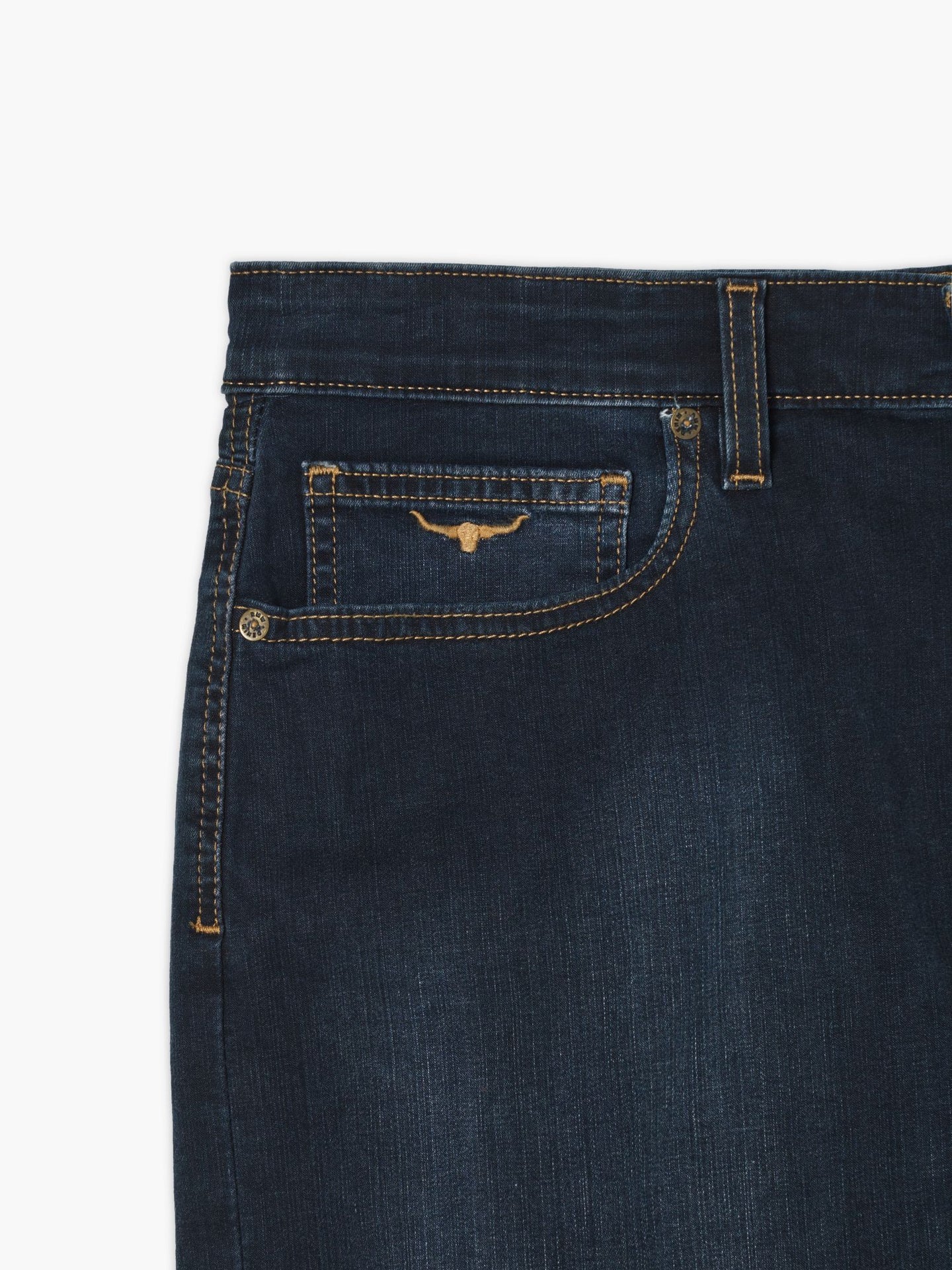 R.M.Williams - Nicholson Denim Short - Indigo close-up of waistband and pocket with Longhorn embroidery detail.
