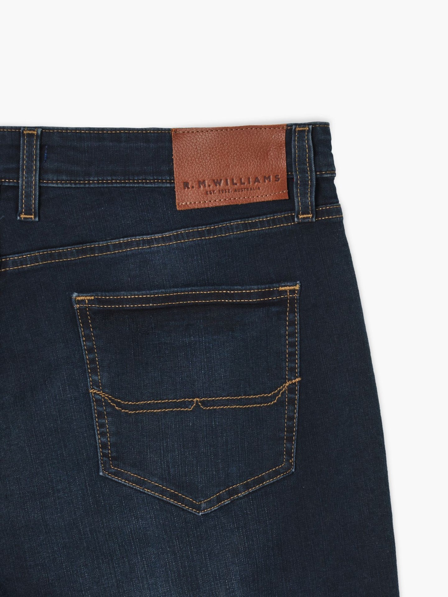 R.M.Williams - Nicholson Denim Short - Indigo rear view showing leather patch and back pocket details.