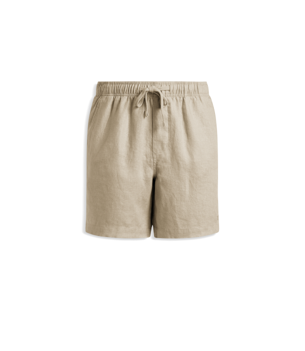 Beige drawstring shorts with an elastic waistband, photographed flat against a solid white background.